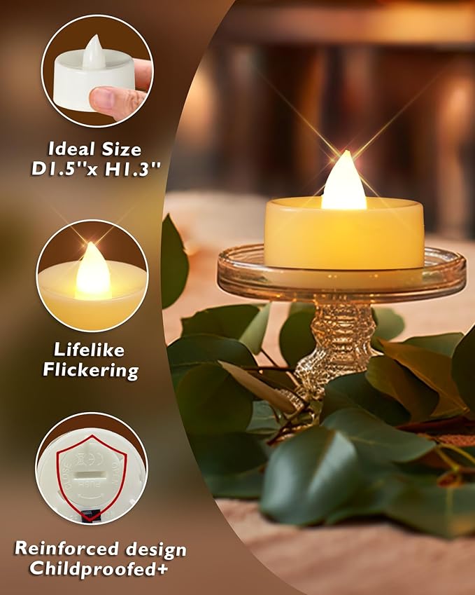 Homemory 12-Pack Flameless LED Tea Lights Candles Battery Operated, 200+Hour Fake Electric Candles TeaLights for Votive, Halloween, Ofrenda, Diya, Wedding Centerpiece Table Decor, Funeral, Christmas
