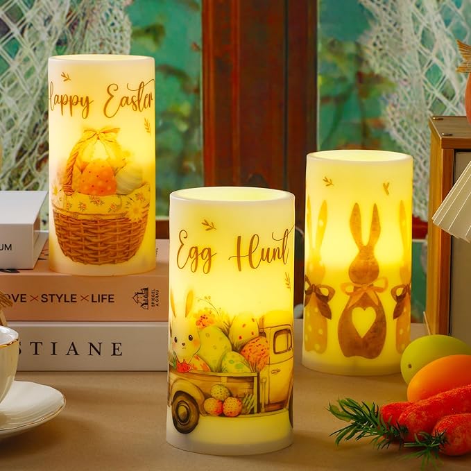 Retisee 3 Pcs Farmhouse Easter Flameless LED Candles Battery Operated Bunny Spring Flickering Pillar Candles with Remote Rabbit Happy Easter Centerpiece for Bedroom Living Room Dinner Table Decoration