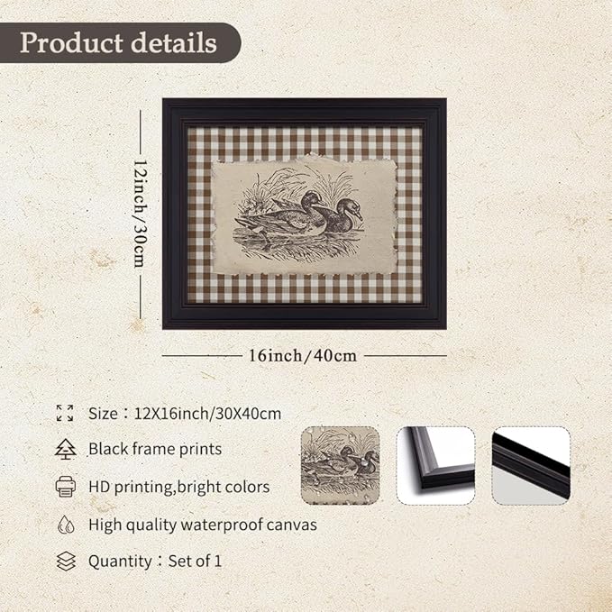 Nature Duck Animal Poster Vintage Brown Gingham Canvas Wall Art Rustic Cottagecore Pond Prints for Country Farmhouse Wall Decor 12X16 inch Vintage Framed