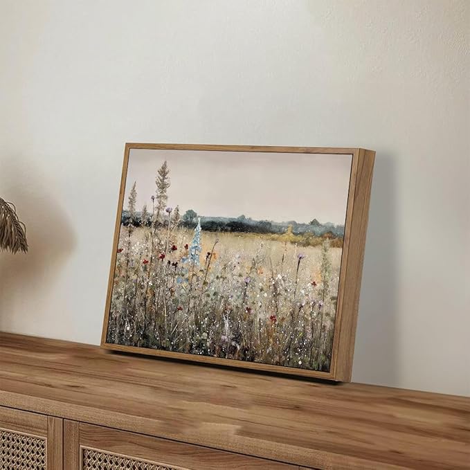 OIQArtOIQ Vintage Wildflowers Landscape Wall Art Framed Floral Natural Scenery Oil Painting Canvas Prints Country Farmhouse Decor Pictures Kitchen Bedroom Living Room Bathroom