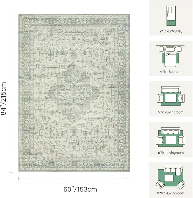 Rugxara 5X7 Washable Area Rug for Living Room, Vintage Large Boho Rugs for Office, Dining Room, Kids Room, Farmhouse, Durable Low Pile Non Slip Carpet for High Traffic Areas, Sage Green