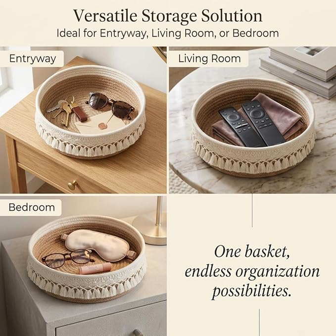 Makeup Holder Organizer Macrame Decorative Woven Rope Basket Boho Decor Essential Oils Dorm Room Essentials Cosmetics Desk Storage Baskets for Dresser Skin Care Lotions
