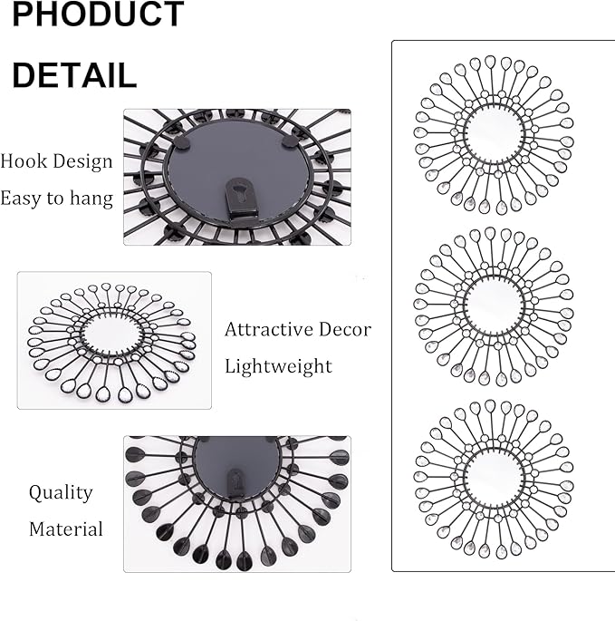 Black Mirrors 3 Piece, Sunburst Mirror Hanging Wall Decor, 9 inch Decorative Mirrors Wall Art, Rhinestone Round Mirror for Bedroom, Valentine, Kitchen, House Warming Valentine Gifts