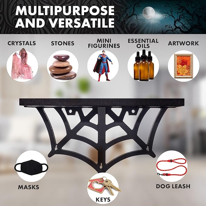 Spider Web Floating Shelf - Gothic Halloween Hanging Shelf with Hooks for Wall Oddities and Curiosities - Black Spooky Goth Wall Decor for Kitchen and Home - Crystal Display Shelf for Stones