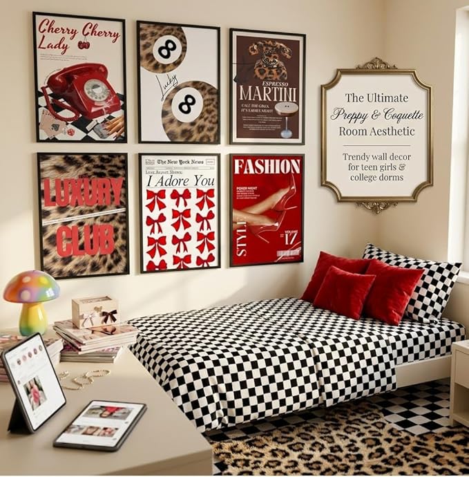Y2K Room Decor Aesthetic, 6 Pcs Red Eclectic Wall Art Set, Funky Preppy Room Decor, 8 Ball & Lucky You Poster, Cheetah Leopard Print Canvas Wall Art, 8x12 Unframed Gallery Wall for Bedroom Dorm Apartment