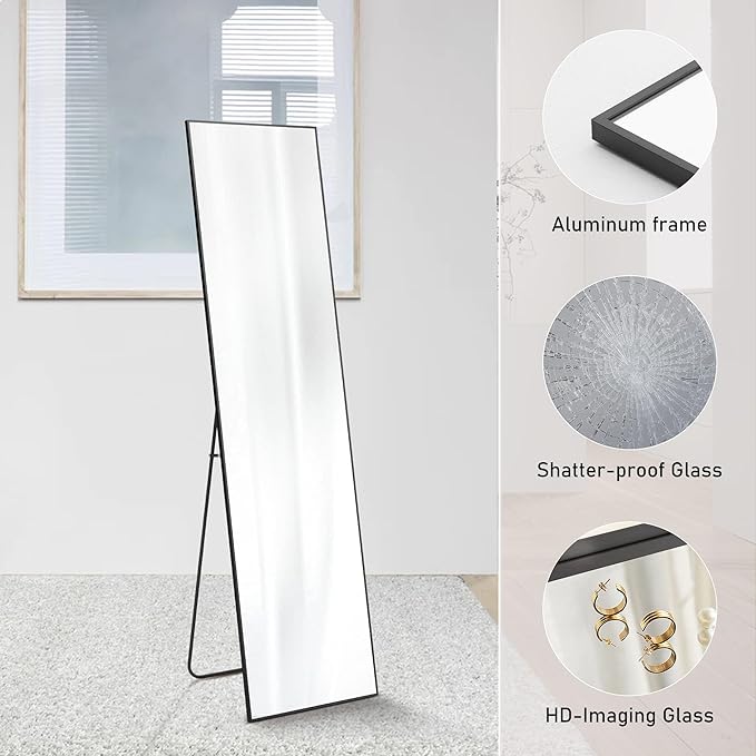 NEWBULIG Full Length Mirror, Full Body Floor Mirror with Aluminum Alloy Thin Frame, Wall or Standing Mirror for Bedroom, Living Room, Dressing Room
