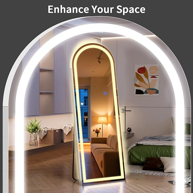 Arch Full Length Standing Mirror with LED Lights, 68"x26" Lighted Mirror with Dimming & 3 Color Lighting, Tall Mirror Full Body for Bedroom, Dressing Room