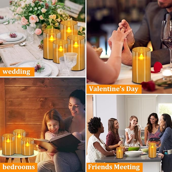 wemarry Flameless Candles 4" 5" 6" Acrylic Glass Pillars 3" Diameter Battery Operated Flickering Candles Include 8-Key Remote with Timer Function 400+ Hours (Amber, Warm Light 6 Pack)