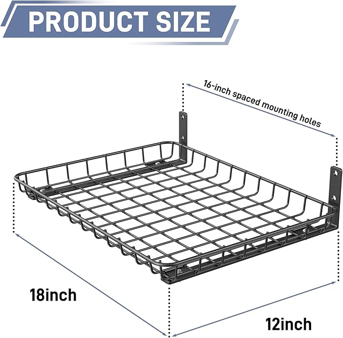 WALMANN Garage 12x18 inch Wall Shelf, Wall-Mounted Storage Shelves for Garage, Closet, Laundry Room, Heavy Duty Wall Shelving, Holds Up to 60 lbs(Pack of 2, Black)