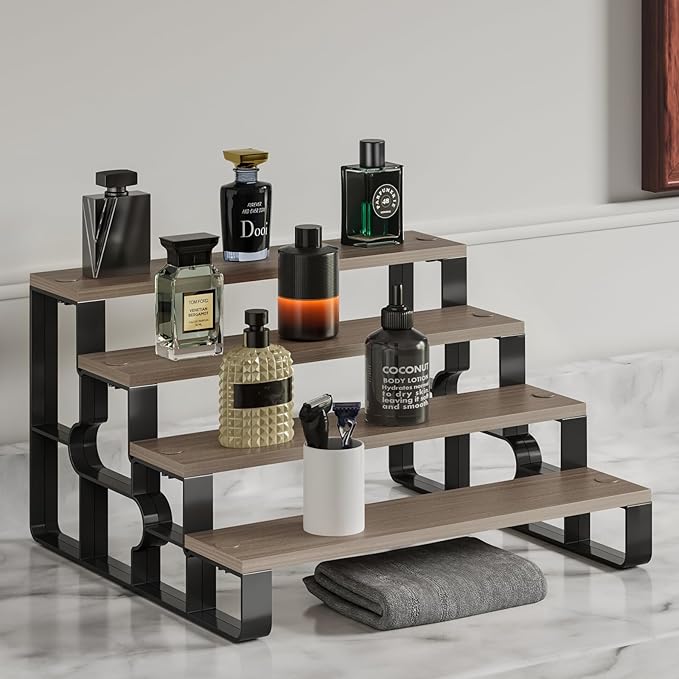 4 Tier Cologne Organizer for Men, Wooden Perfume Organizer Stand, Waterproof Display Shelf Rack for Dresser, Vanity, Figures, Cupcake, Dessert Table(Walnut,Width=11.2")