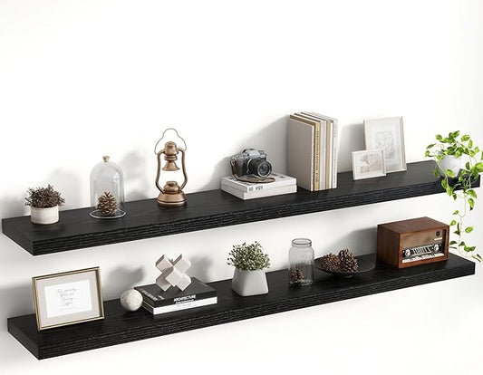 Acovy 55 Inch Floating Shelves, 8 Inch Deep Floating Shelves for Wall, Hanging Shelf with Invisible Brackets, Deep Shelves for Bathroom, Bedroom, Living Room, Black, Set of 2