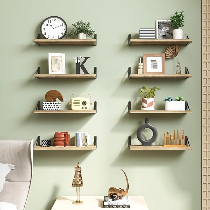 Fixwal Shelves for Room Wall, Width 4.7in Rustic Wood Wall Storage, Floating Shelves for Bedroom, Living Room, Kitchen, Bathroom, Office Decor and Plants Display (Set of 8 Carbonized Black)