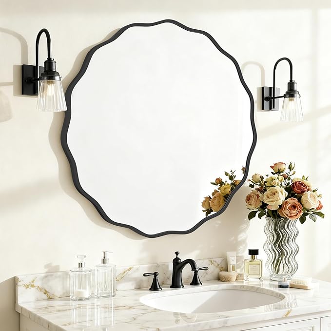 HOMECOOKIN 32 Inch Wavy Round Wall Mirror, Round Wavy Wall Mirror with Aluminum Frame for Bathroom Upgrades, Hotels, Dressing Tables,Farmhouses