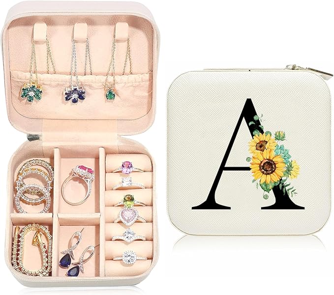 Sunflower Jewelry Case,Sunflower Gifts for Women,Initial A Travel Jewelry Box,Valentine's Day Gift Easter Personalized Gifts for Teen,Mom,Wife,Bridesmaids,21st Birthday Gift for Her