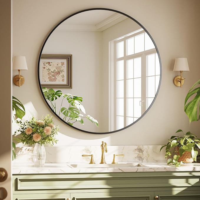 XRAMFY 40 Inch Round Mirror - Circle Mirrors for Bathroom, Entryway and Living Room Wall Decor, Modern Hanging Vanity Mirror, Matte Black Circle Decorative Wall Mirror