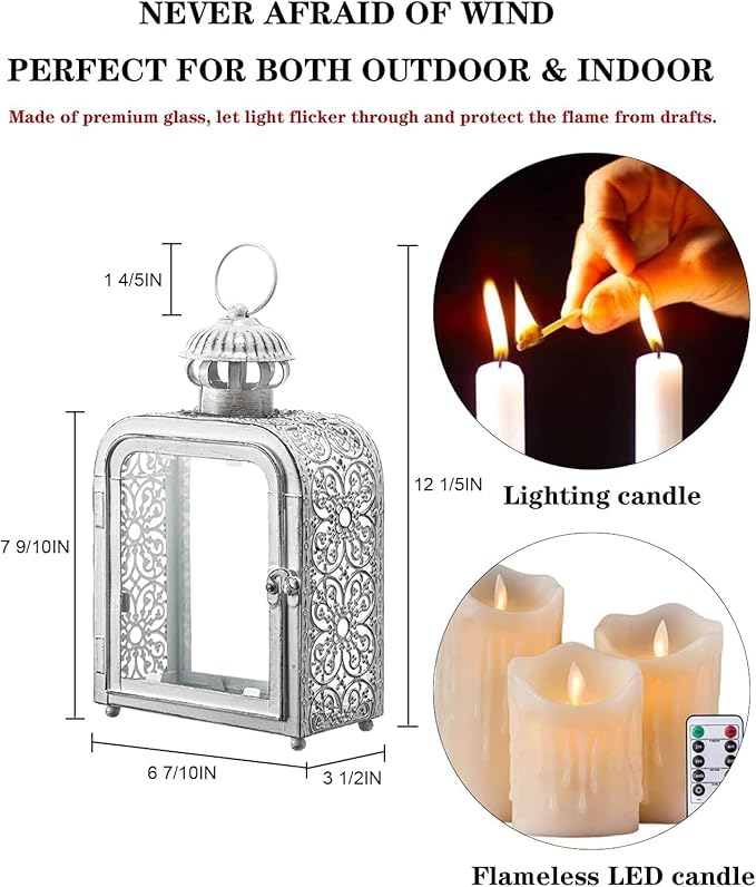 DECORKEY Candle Lantern Decorative Indoor & Outdoor, Vintage Metal Lanterns with Clear Glass, Tabletop&Hanging Candle Holders for Patio Front Porch Home Decor, Halloween Christmas Decorations (White)
