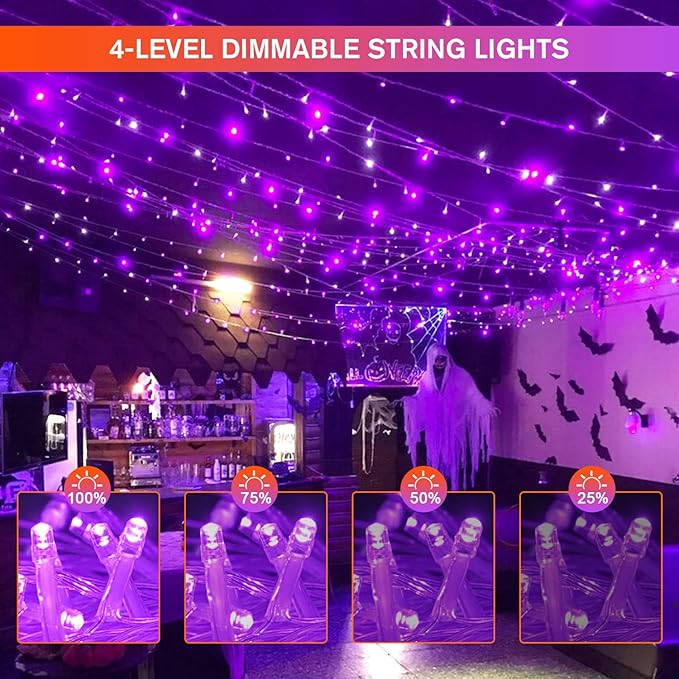 JMEXSUSS Halloween Lights, 8 Modes Waterproof Orange and Purple Light Outdoor Plug in, Clear Wire Halloween String Lights Indoor Bedroom 500 LED Orange and Purple 163 FT