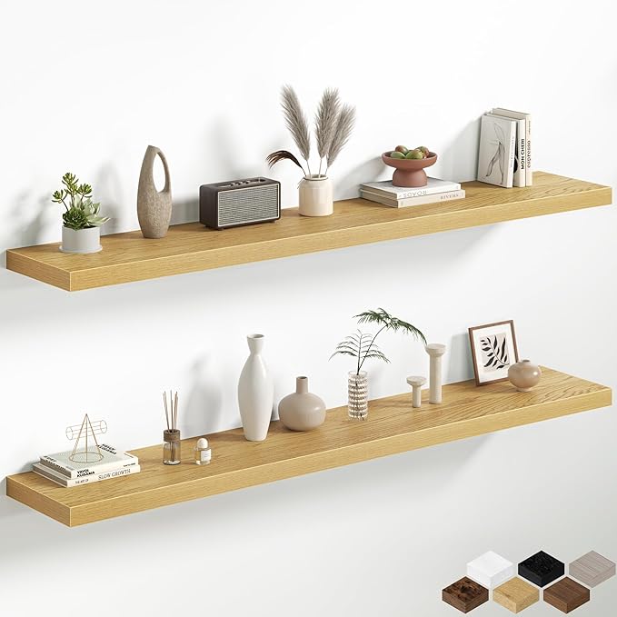 Fun Memories 66 Inch Floating Shelves, 12 Inch Deep Wall Shelf for Fireplace Mantel, Oak Deep Storage Shelves for Home & Office, Long Floating Shelf with Invisible Bracket, Set of 2