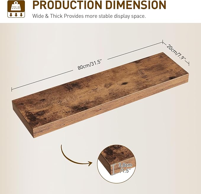 RALGEND Floating Shelves for Wall, 31.5" Long Wall Shelf Set of 4 with Invisible Brackets, 1.5" Thick Hanging Shelves Farmhouse Home Decor for Bathroom, Living Room, Bedroom, Rustic Brown 8301BJP4BF