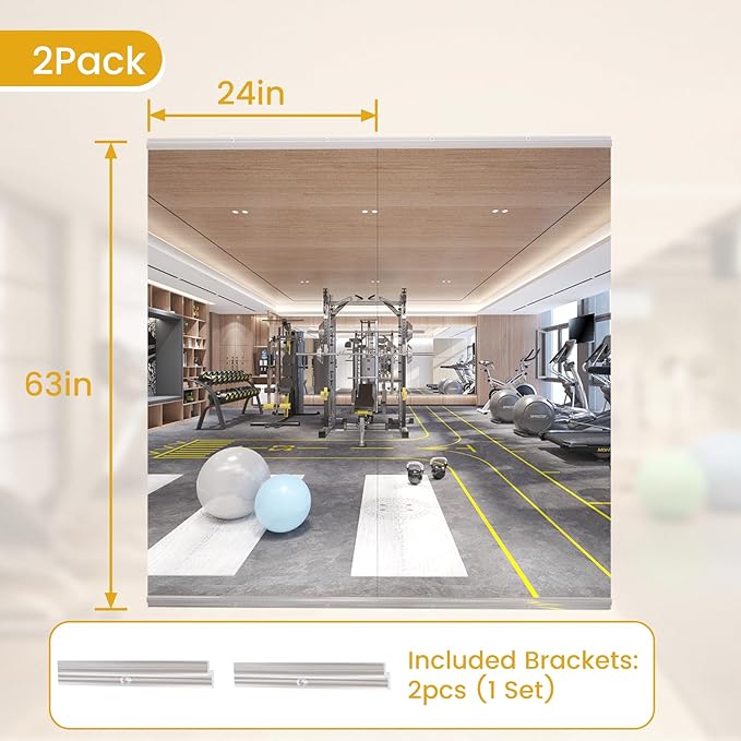 Frameless Tempered Glass Gym Mirror - 63x24 2Pack Full Body Yoga Mirror for Wall Mounting Suitable for Gym, Yoga, Studio, Bedroom & Dancing Studio