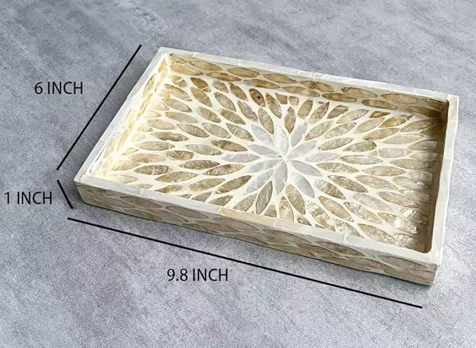 9.8In Rectangle Serving Tray with Mother of Pearl for Breakfast in Bed Tray Ottoman for Living Room Decorative Trays for Coffee Table Handmade Eating Trays for Bathroom Kitchen