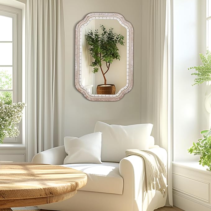 Reflinto 36x24 inch Rustic Farmhouse Wall Mirrors for Entryway, Boho Wooden Scalloped Decorative Mirror for Bathroom Over Sink, Foyer, Hallway, Living Room - Vertical/Horizontal