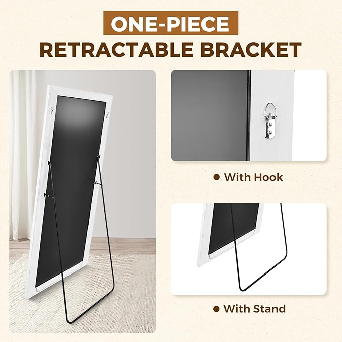 Full Length Mirror 65"x24" - Beveled Edge Rustic White Dressing Mirror, Solid Wood Frame, Wall Mounted or Standing for Bedroom, Entryway, Living Room