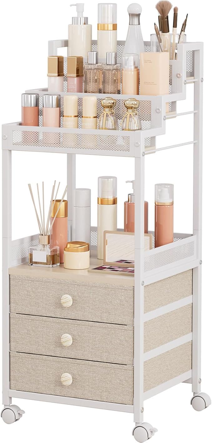 Makeup Organizer Storage Cart with Drawers, 13 Inch Large Rolling Skincare Organizer Cart, 3-Tier Vanity Organizer Stand for Cosmetics, Nail Polish, Perfume, Bathroom and Bedroom, White