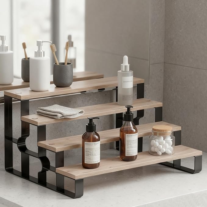 Cologne Organizer for Men,Bathroom Countertop Organizer,4 Tier Makeup Organizers for Bathroom Decor,Spice Rack for Kitchen,Perfume Stand,Display Shelf (Brown,Width=11.2")