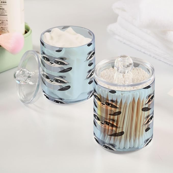 Nander 2Pack Cute Cartoon Raccoon Qtip Holder Dispenser -Clear Plastic Apothecary Jars Set - Restroom Bathroom Makeup Organizers Containers for Cotton Swab, Ball, Pads, Floss