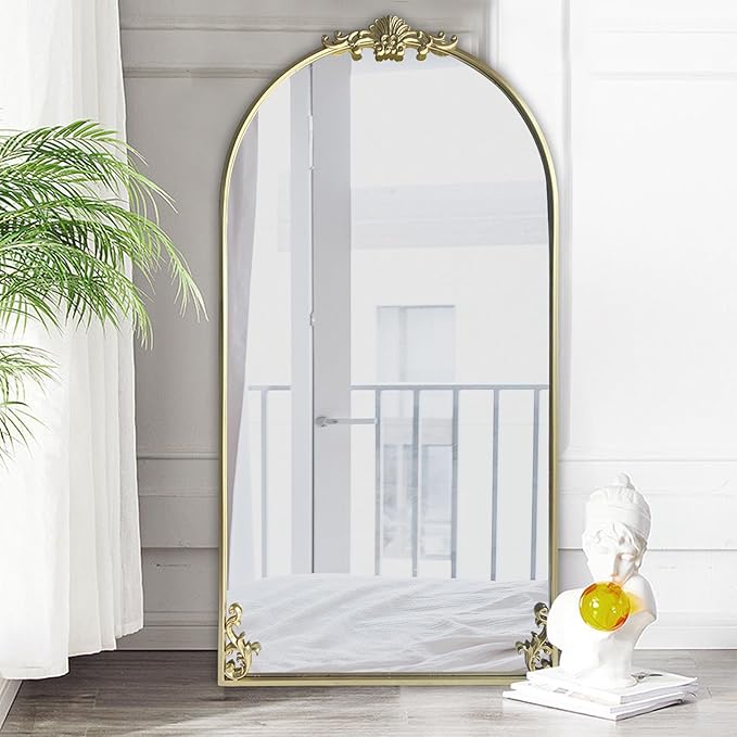 POZINO Gold Arched Mirror, 22"x47" Ornate Carved Mirrors, Vintage Arch Mirror with Metal Frame, Large Elegant Decorative Mirrors for Living Room Mantel Bathroom Bedroom Entryway