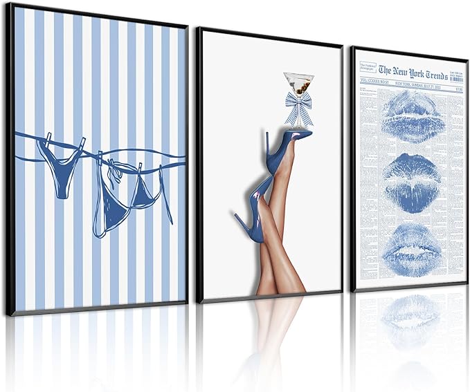 Blue Coquette Wall Art Decor Preppy Trendy Aesthetic Posters Funky Retro Y2k Canvas Wall Art Decor Blue Bow Bikini Lips Prints Girly Room Artwork for Dorm Bedroom 16x24 Inch Unframed Set of 3