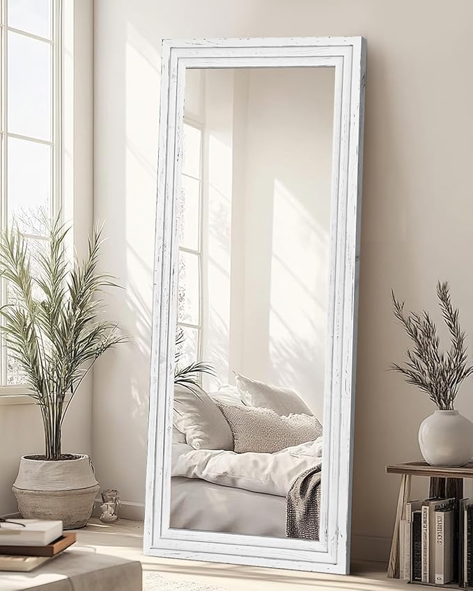 Full Length Mirror 65"x24" Solid Wood Frame Floor Large Mirror for Living Room, Bedroom Hanging or Leaning Wall-Mounted, White
