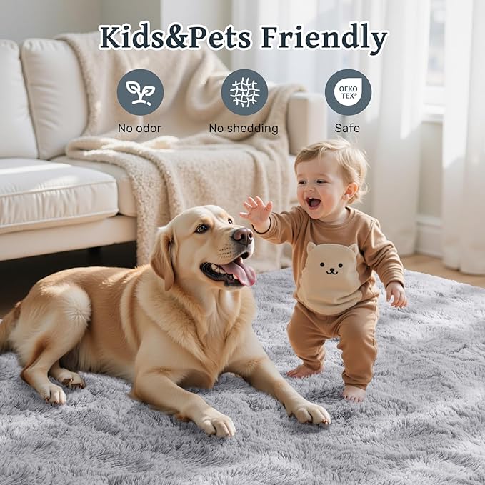 Grey Rugs for Bedroom Fluffy 4x6 ft Living Room Rug Non-Slip Area Rugs Shag Carpet for Nursery Kids Play Room Dorm Office Indoor Modern Plush Carpets Boys Light Gray