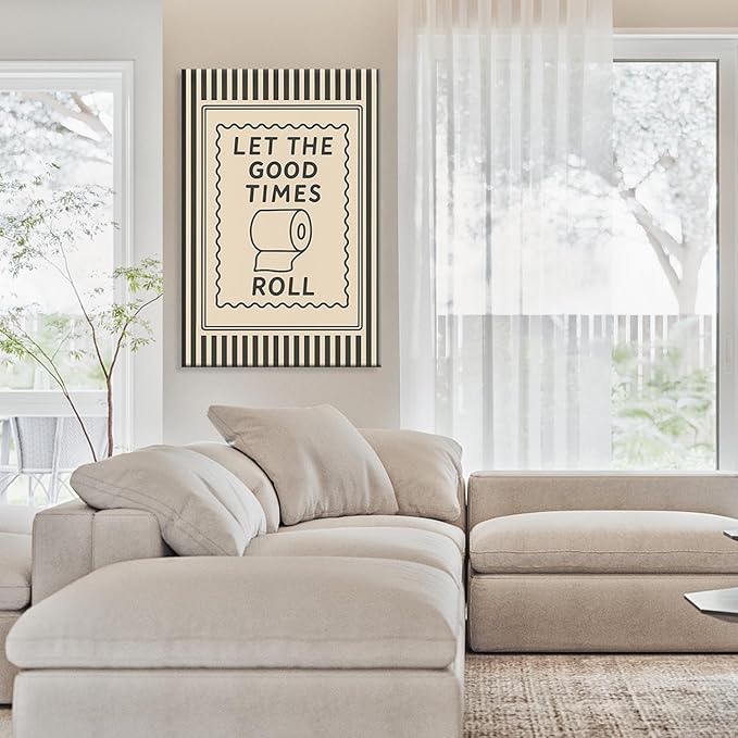 Trendy Let The Good Times Roll Wall Art Green Striped Funny Bathroom Quote Posters Modern Minimalist Room Aesthetic Picture Painting For Bedroom Dorm Restroom Wall Decor 24x36in Wrapped Canvas