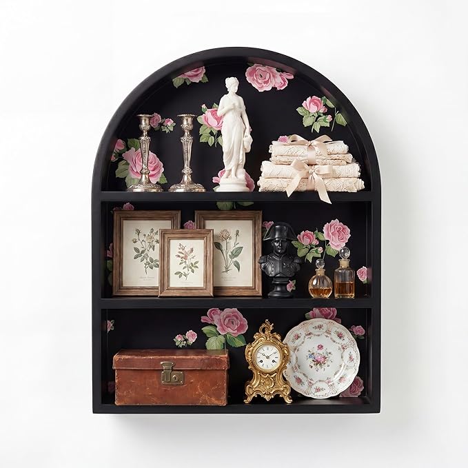 Arched Trinket Shelf - 15 Inch Black Wood Wall Mounted Trinket Display Shelves for Crystals, Nails, Bohemian Decor Organizer for Bedroom, Bathroom & Home