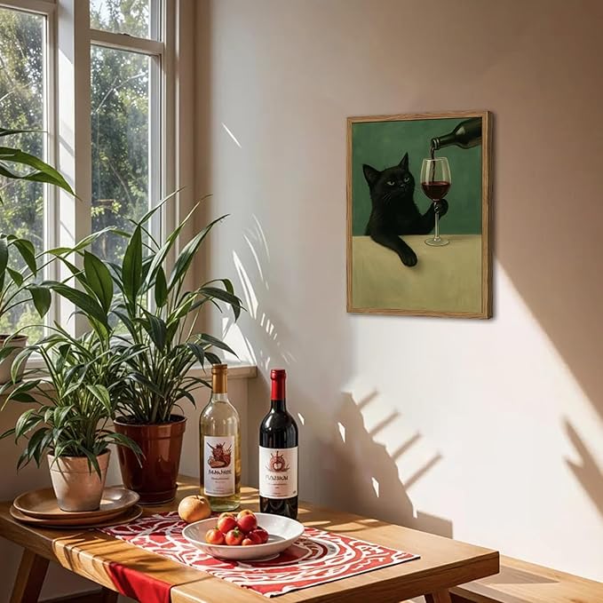 Funny Black Cat Wall Art Moody Black Cat with Wine Glass Wall Decor Whimsical Animal Bar Cart Poster Canvas Prints for Living Room Bedroom 12x16 inch Wood Framed