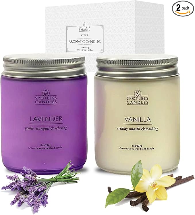 Aromatic Candles Two Pack - 2 x 8 oz Lavender & Vanilla in a Gift Pack, Classic Candle Set for Men and Women by Spotless Leopard