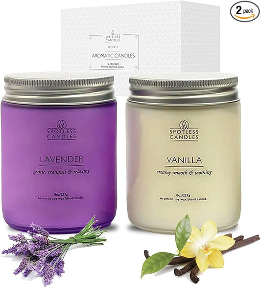 Aromatic Candles Two Pack - 2 x 8 oz Lavender & Vanilla in a Gift Pack, Classic Candle Set for Men and Women by Spotless Leopard