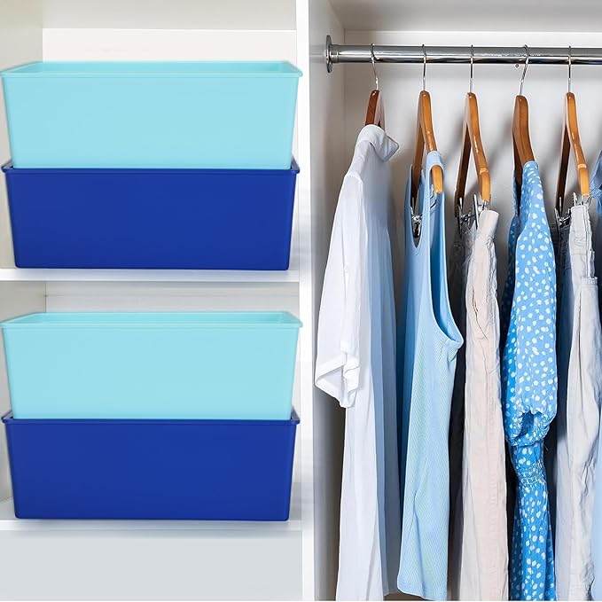Menkxi 6 Pcs Large Plastic Storage Bins with Lids 14.4 x 10.4 x 5.1 Inch Stackable Storage Containers Decorative Cubby Organizer for Clothes Shelves Garage Closet Office (Blue Series)