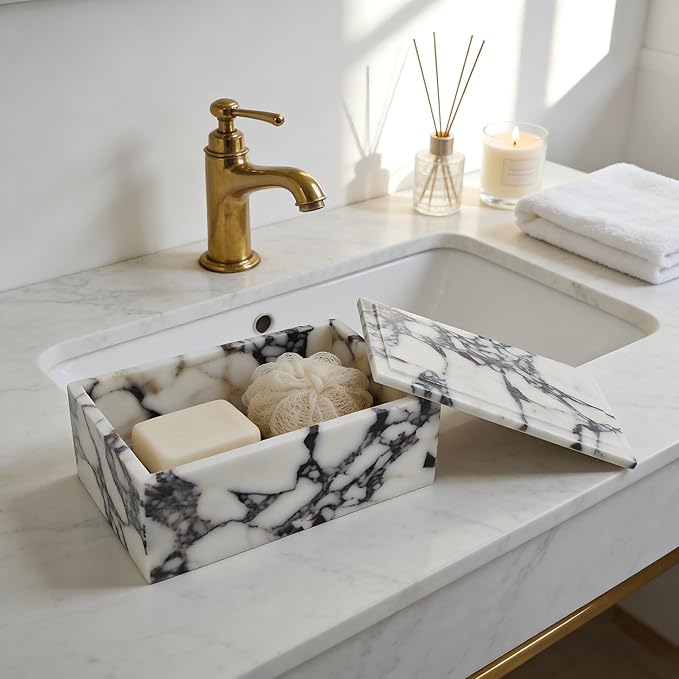Luxury Marble Storage Box with Lid, White and Purple Veined Pattern, Decorative Organizer for Makeup Brushes, Jewelry, Bathroom Accessories (Rectangle)