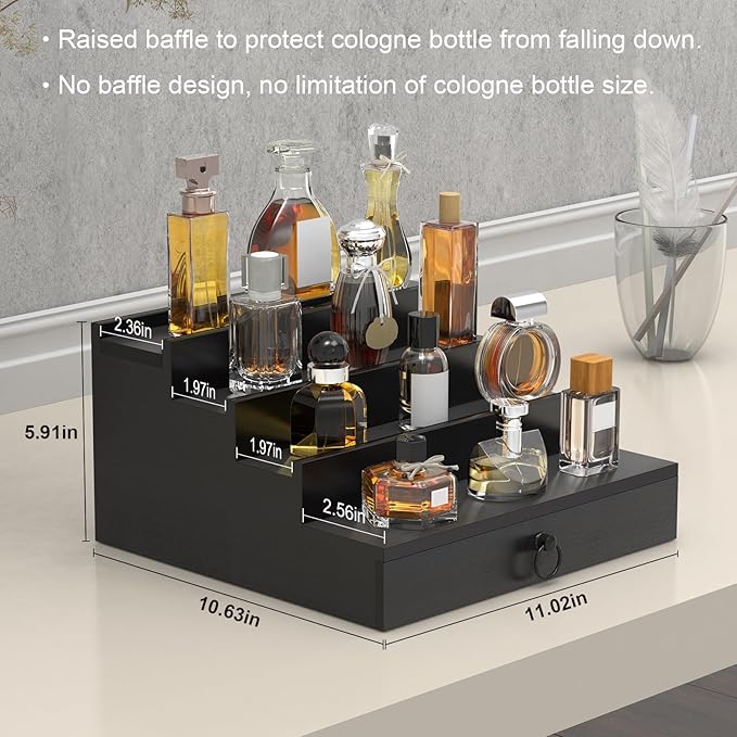 upcessory Cologne Organizer for Men, 4 Tier Perfume Stand, Cologne Shelf with Drawer and Hidden Compartment Perfume Display Holder, A Gift for Men