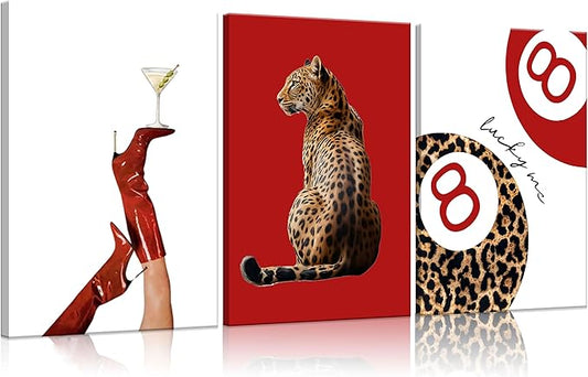 3Pcs Trendy Leopard Wall Art Preppy Funky Red Boot Martini 8 Ball Wall Decor Pictures Vintage Feminism Aesthetic Cheetah Canvas Poster Prints for Girly Bedroom Apartment Dorm Decoration 16X24