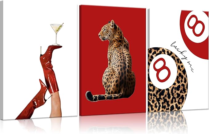 3Pcs Trendy Leopard Wall Art Preppy Funky Red Boot Martini 8 Ball Wall Decor Pictures Vintage Feminism Aesthetic Cheetah Canvas Poster Prints for Girly Bedroom Apartment Dorm Decoration 12X16