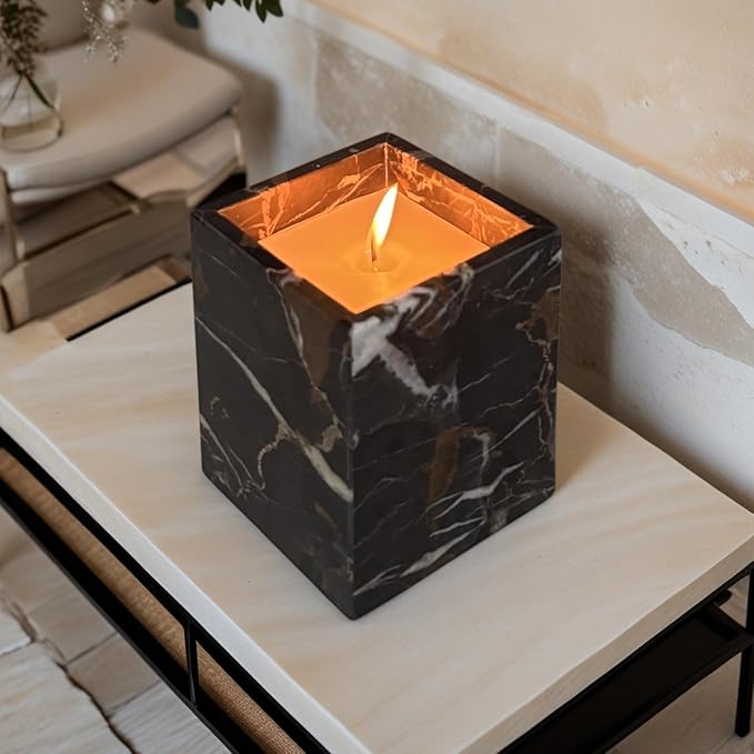 Natural Marble Stone Square Storage Container Empty Vessel Holder Cup for Candle/Pens/Sundries items (Black Brown)