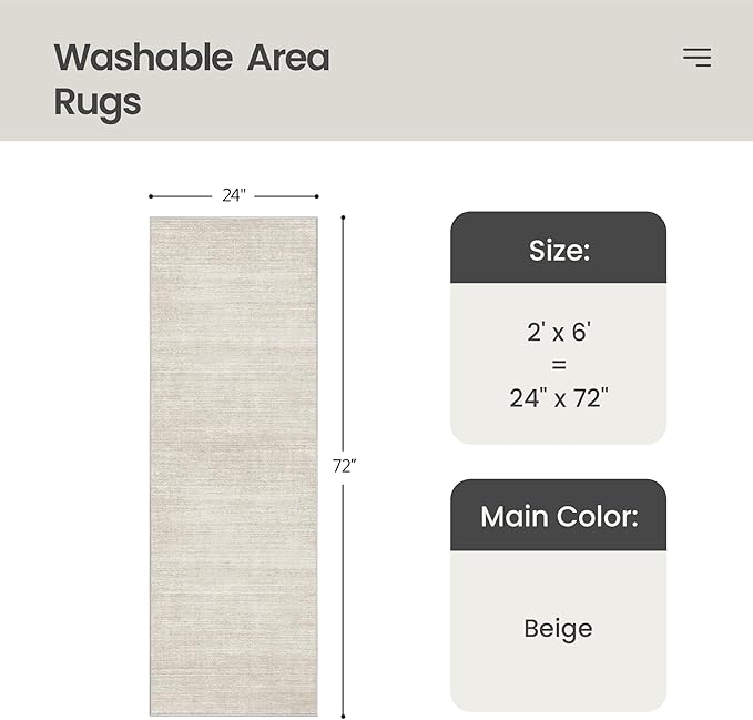 Valenrug Washable Rugs 2x6 - Stain Resistant 2x6 Area Rugs for Living Room, Non Slip Backing Large Area Rugs for Bedroom, Folable Machine Washable Area Rug (2'x6', Beige)