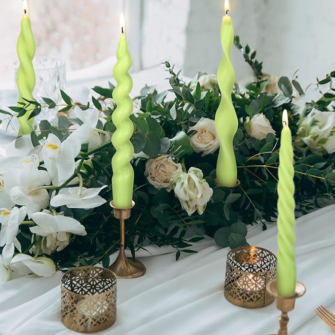 Nuanchu 4 Pcs Twisted Taper Candles Wax Unscented Smokeless Spiral Swirl Candlesticks for Wedding Holiday Dinner Party Home Decorations(7.87 Inch,Pure,Sage Green)