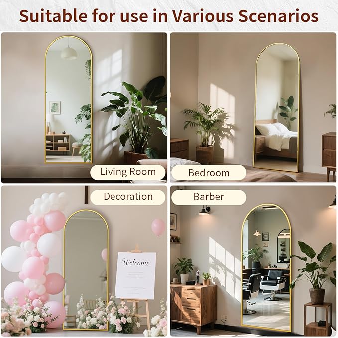 56" x 21" Arch Full Length Mirror - Floor Full Body Mirror with Aluminum Frame - Standing, Leaning or Hanging, for Bedroom, Living Room, Gold