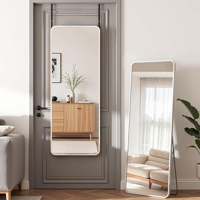 Antok Over The Door Mirror Full Length, 49'' x 14''Wall Mounted Hanging Mirror, Aluminum Alloy Frame, Shatterproof Glass, No Drill Installation for Bedroom, Closet, Bathroom, Dorm, Round Corner, White