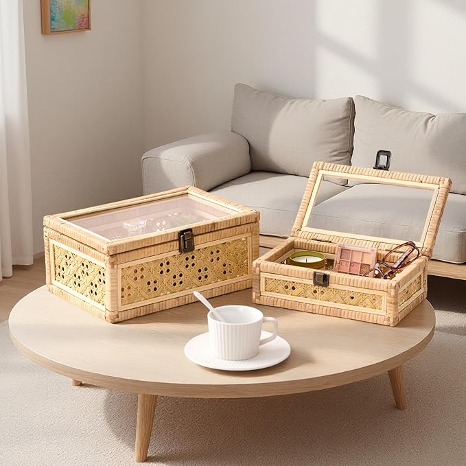 Decorative Rattan Box with Clear Glass Lid Wooden Frame Handmade Boho Natural Wicker Basket Woven Cane Bin Keepsake Memory Jewelry Organizer Rectangular Desk Shelf Closet Container (Small)